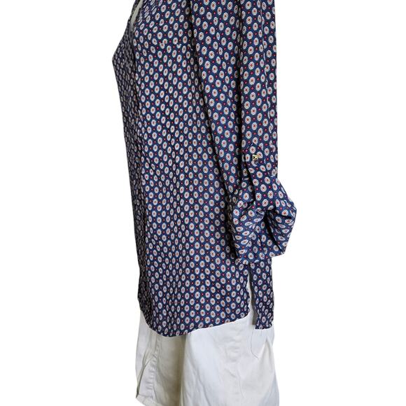 Zac & Rachel Womens Blouse Small Navy Geometric Print V Neck Roll Tab Sleeve Top - Picture 7 of 11